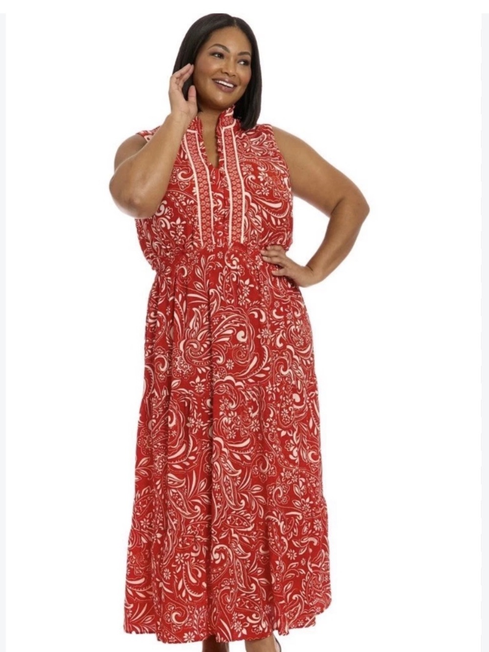 London Times Red Paisley Print Sleeveless Maxi Dress